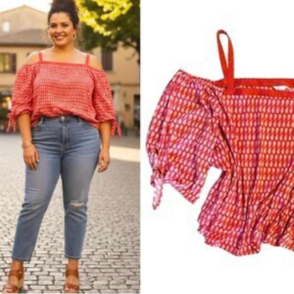 Cato Red Patterned Cold-Shoulder Blouse with Tie Sleeves